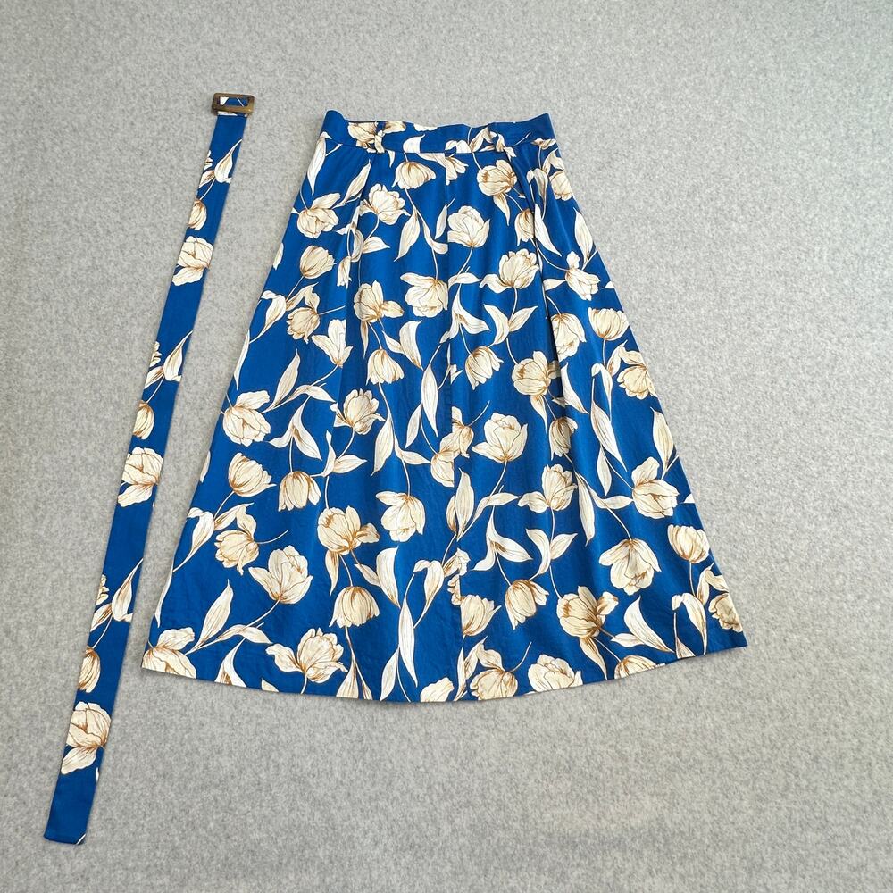 Ann Taylor Skirt WMNS 0 Blue Floral Belted Cotton Midi Cottagecore Preppy Chic
